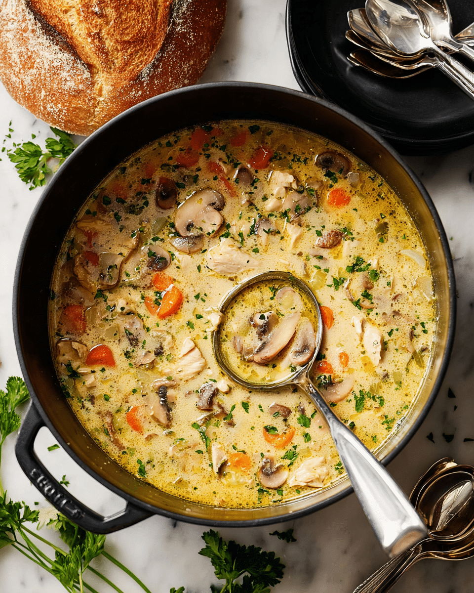 A large black pot filled with creamy soup showing visible layers of sliced light brown mushrooms, small pieces of orange carrot, and white chunks of chicken mixed in a rich, slightly yellowish broth, garnished with small green herbs scattered on top. A metal ladle rests inside the pot, partially submerged, highlighting the texture of the soup. The pot sits on a white marbled surface with fresh green parsley sprigs around the top edge, a round loaf of bread with a darker crust placed near the pot, and two black plates stacked beside it holding three shiny silver spoons. photo taken with an iphone --ar 4:5 --v 7