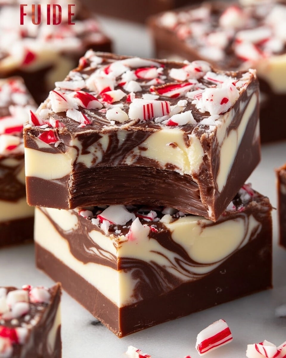 The image shows a close-up of square peppermint fudge pieces stacked on a white marbled surface, each piece with two main layers: a thick bottom layer with swirled milk and white chocolate in a marbled pattern, and a solid dark chocolate top layer covered with chunky pieces of white peppermint candy with red stripes scattered on top. One piece is in front with a bite taken out, revealing the creamy, smooth inside layers and the glossy, slightly rough chocolate top with peppermint bits. Photo taken with an iphone --ar 4:5 --v 7