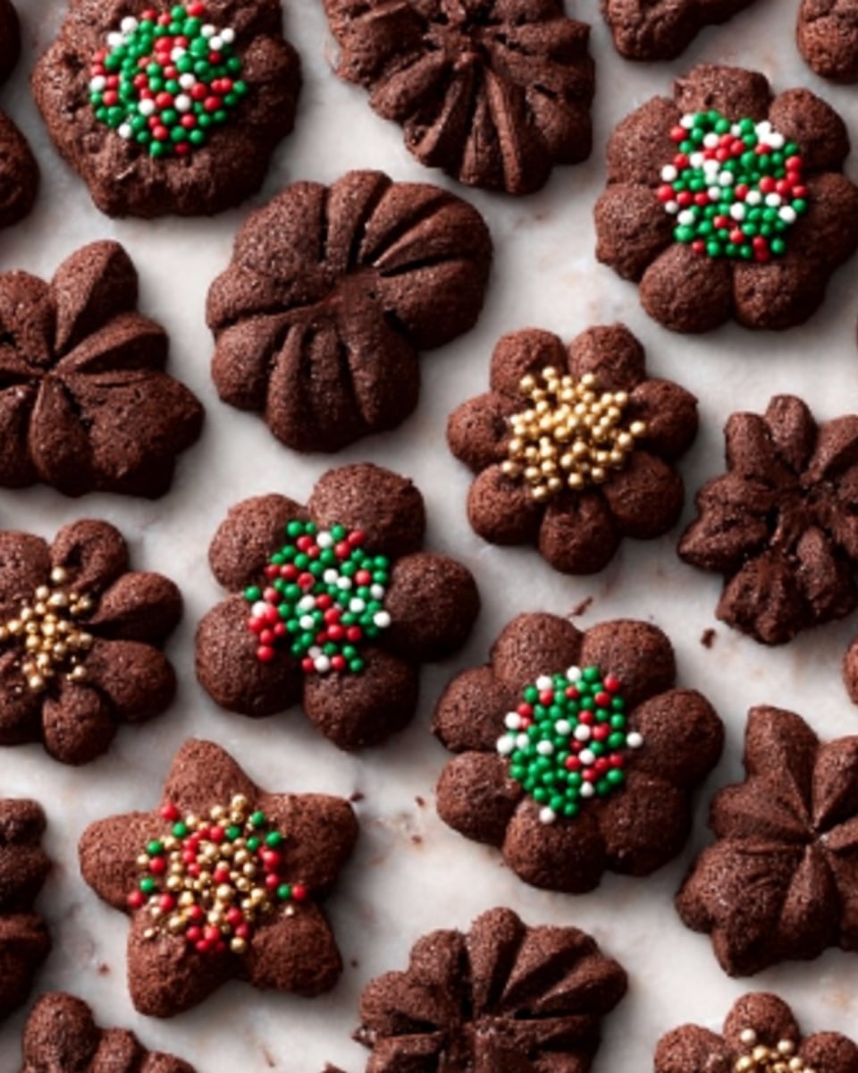 The image shows many small chocolate cookies shaped like flowers and leaves, all placed on a white marbled surface. The cookies have rich dark brown color with a smooth and slightly shiny texture. Some cookies have colorful round sprinkles on top, while others look plain. Each cookie has clear petal or leaf shapes with a firm but soft texture. The scene is bright and evenly lit, showing the details of the cookies clearly. photo taken with an iphone --ar 4:5 --v 7