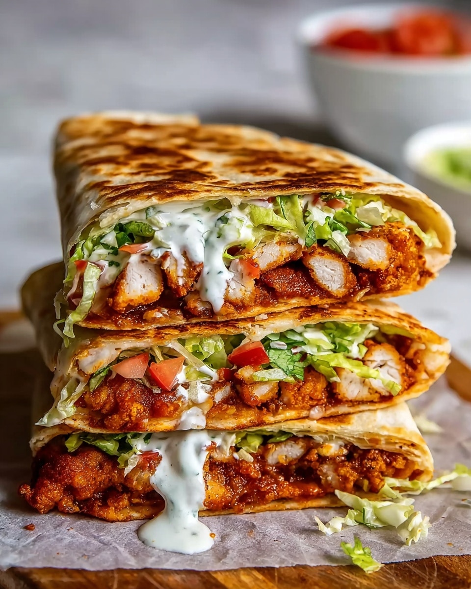 The image shows a close-up of a folded, golden-brown flatbread sandwich cut in half and stacked, revealing multiple layers inside. The top and bottom layers are thin, crisp flatbread with a light toasted texture. Inside, there are crispy, breaded chicken strips with a reddish-brown coating, fresh green lettuce, and bright red tomato chunks. A creamy white sauce runs through the middle, blending with the fresh vegetable layers. The sandwich is placed on brown parchment paper over a white marbled surface, with some lettuce bits scattered around. In the background, a blurred white bowl with sauce can be seen. photo taken with an iphone --ar 4:5 --v 7