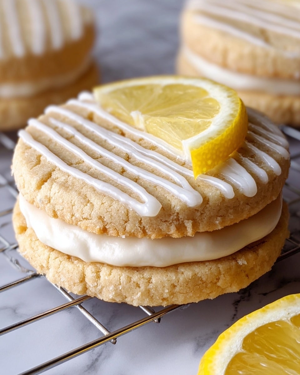 A close-up of a lemon cookie sandwich resting on a metal cooling rack over a white marbled surface, showing two soft, light beige cookies with a slightly cracked texture. Between the cookies is a thick layer of white cream filling, smooth and even. The top cookie has thin white icing lines drizzled across it in parallel rows. A small yellow lemon slice with visible seeds and a slightly translucent look is placed in the center on top of the cookie sandwich. Part of another lemon slice is visible at the bottom right corner. Photo taken with an iphone --ar 4:5 --v 7