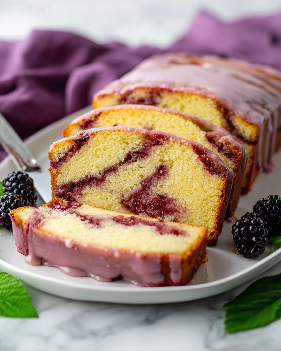 A sliced loaf cake with a golden yellow base and swirls of deep red berry filling inside, topped with a smooth, shiny purple glaze covering the entire top layer. The cake slices are arranged on a white rectangular plate placed on a white marbled surface, with blackberries and green leaves at the front left of the plate and a purple cloth softly blurred in the background. A knife lies next to the plate on the surface. Photo taken with an iphone --ar 4:5 --v 7