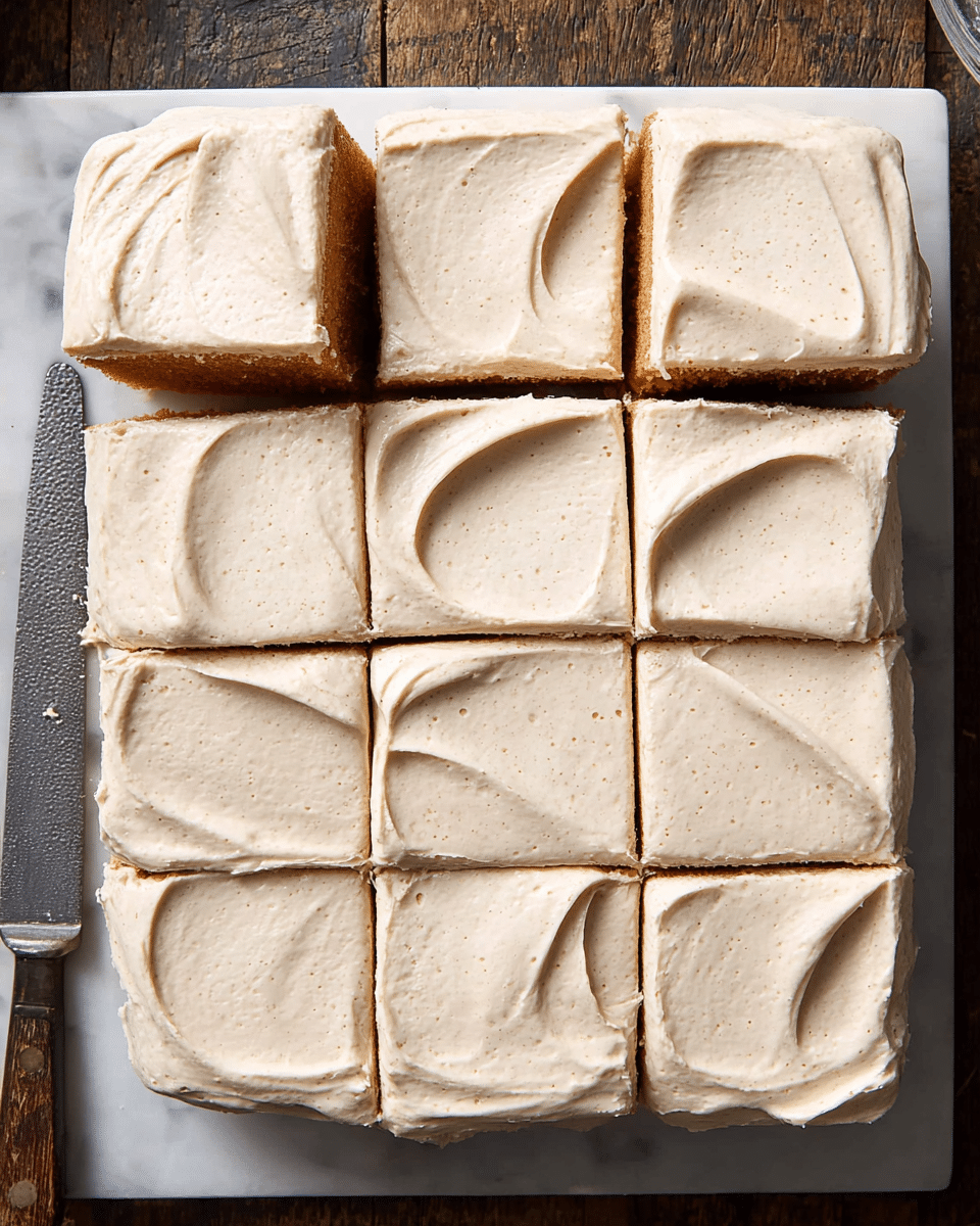 A square cake is cut into nine equal pieces, arranged closely in a 3x3 grid. The cake has two visible layers: a thick, light brown base that is dense and smooth, topped with a thick layer of creamy off-white frosting spread evenly with smooth, soft swirls. The edges of the frosting are slightly uneven but inviting. The cake sits on a rustic white marbled surface, and part of a metal cake server with a dark handle is visible on the left side. The pieces are neatly cut but not perfectly straight, showing the homemade charm. photo taken with an iphone --ar 4:5 --v 7
