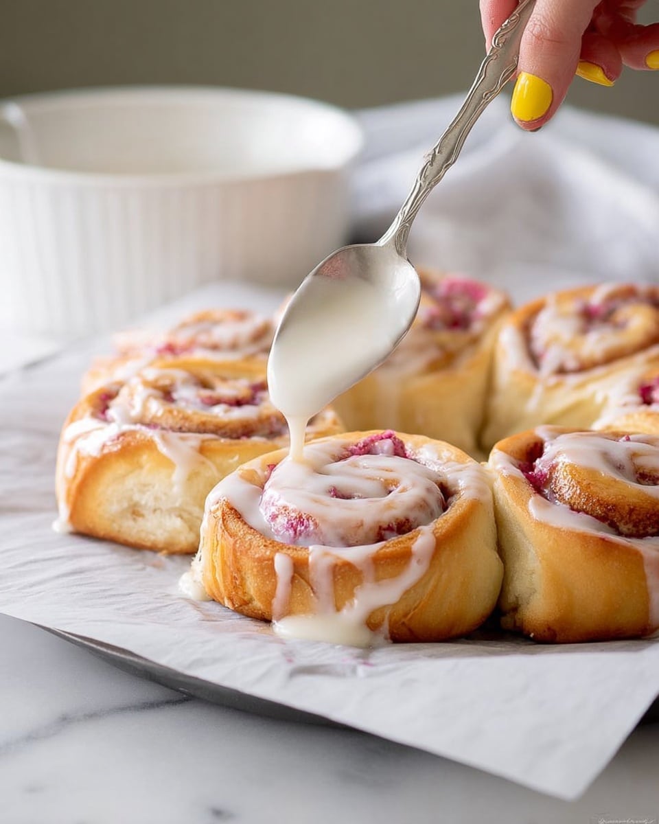 A round wreath made of golden-brown swirled rolls with a pink fruit filling is placed on a white marbled surface covered with parchment paper. Each roll shows visible layers of soft dough with a bright pink filling peeking through. A woman's hand with yellow-painted nails holds a silver spoon, drizzling thick white icing over the top of the rolls. The icing seeps down the sides and pools slightly on the parchment. In the background, there is a plain white bowl, slightly out of focus. photo taken with an iphone --ar 4:5 --v 7