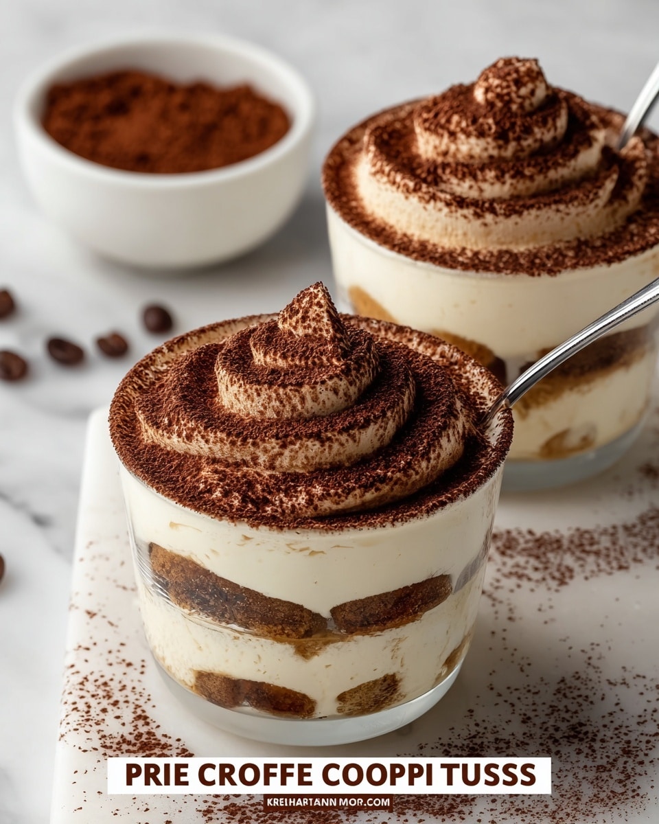 Two round white cups filled with three visible layers of light creamy coffee mousse, separated by two uneven dark brown coffee-soaked cake or cookie layers. The top of each cup is decorated with a swirl of the same creamy mousse dusted heavily with fine cocoa powder, forming a small peak in the center. The cups sit on a white marbled surface scattered with cocoa powder, and one cup has a silver spoon placed inside. In the blurred background, there is a small white bowl filled with more cocoa powder. photo taken with an iphone --ar 4:5 --v 7