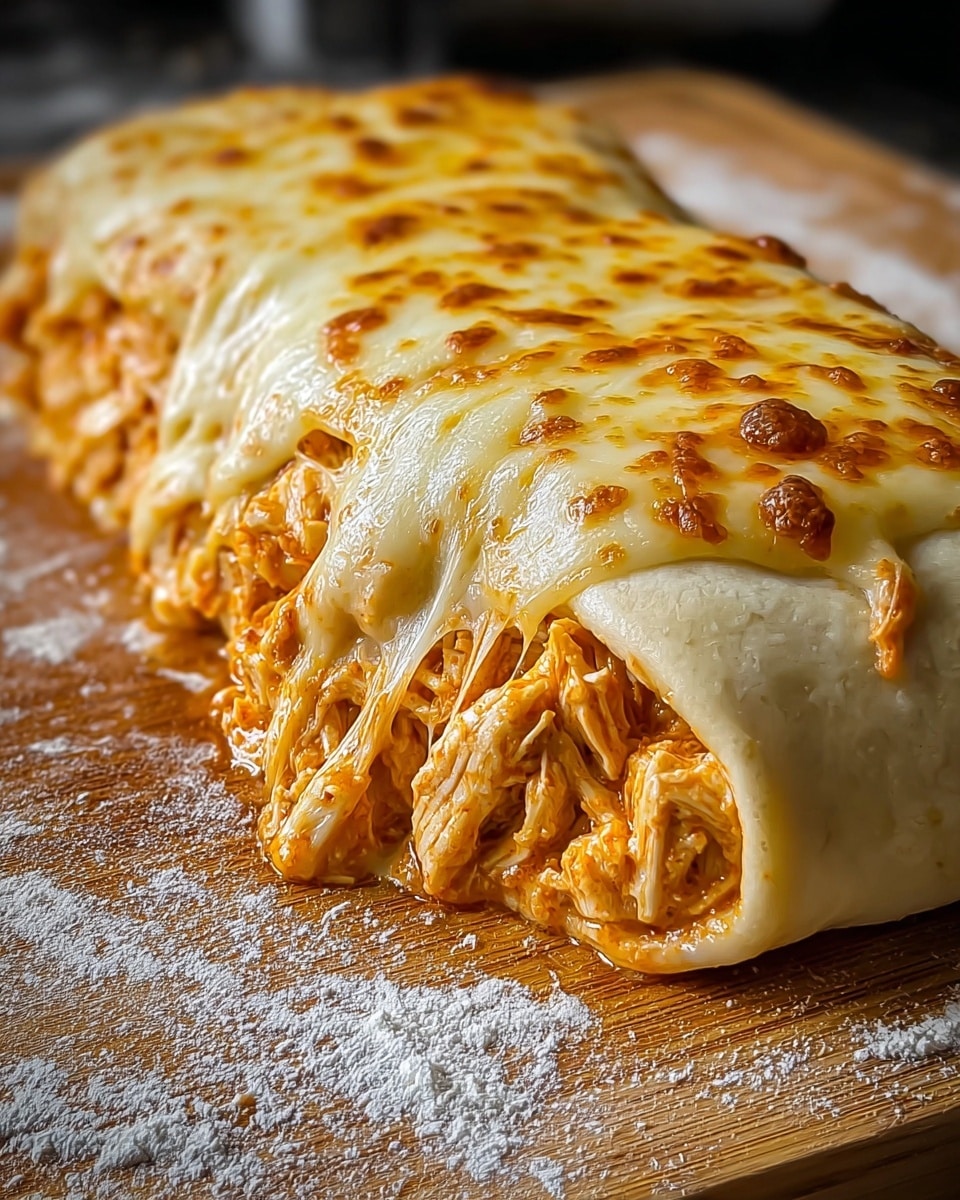 A close-up view of a single folded enchilada lying on a wooden board with powdered flour dusting. The enchilada has one visible thick layer of soft, yellow corn tortilla folded over a filling of shredded, saucy chicken in orange-red sauce, some spilling out at the open end. On top, a thick layer of melted cheese covers the entire enchilada, golden brown with crispy spots, shiny and gooey with some cheese strings stretching from the fill. The background is a white marbled texture blurred softly to keep the focus on the enchilada. Photo taken with an iphone --ar 4:5 --v 7