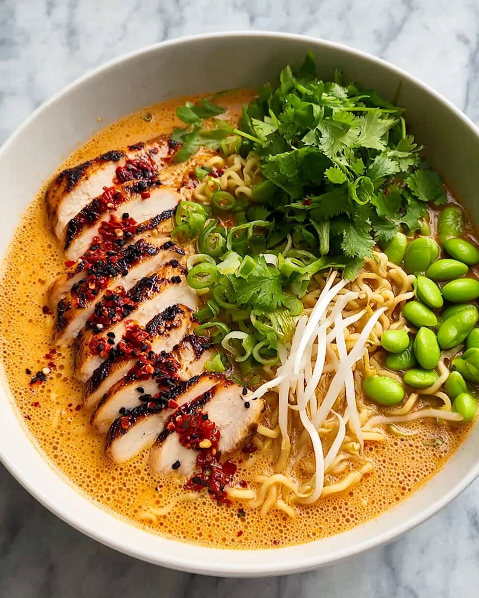 A white bowl filled with creamy light orange broth with a layer of sliced grilled chicken breast arranged on the left side, each slice showing a charred brown edge and white inside, topped with red chili flakes and black sesame seeds. To the top right, bright green edamame beans are piled, next to a nest of pale yellow ramen noodles partly submerged in broth. On the right, white bean sprouts with black sesame seeds sit next to a bunch of fresh green cilantro leaves. There is a small pile of green chopped scallions with red chili flakes in the center. The bowl is on a white marbled surface. Photo taken with an iphone --ar 4:5 --v 7