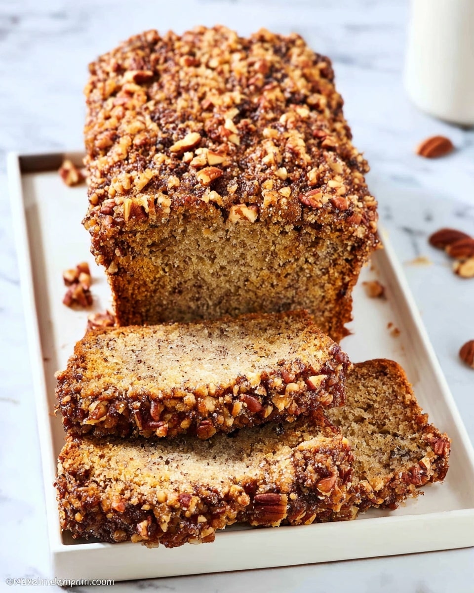 A loaf of nut bread is shown on a white rectangular plate on a white marbled surface; the bread has a rough brown crumb topping with pieces of nuts sprinkled on top, and the interior is a light tan with a dense, moist texture full of small nut bits; three slices are cut in front of the main loaf, showing the same texture and crumb topping, with whole pecans scattered naturally around the plate and surface; the lighting highlights the texture richly. photo taken with an iphone --ar 4:5 --v 7