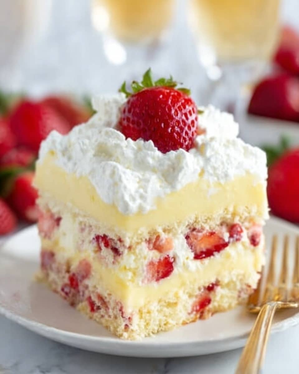 A slice of creamy layered cake is served on a white plate, placed on a white marbled surface. The cake has three distinct layers: the bottom layer is a light golden sponge cake with bits of red strawberries visible; the middle layer is thick and smooth pale yellow custard with strawberry pieces embedded; the top layer is a fluffy white whipped cream spread evenly, garnished with a halved fresh strawberry and a small green leaf on top. The texture shows softness and creaminess with the contrast of fresh fruit pieces throughout. Photo taken with an iphone --ar 4:5 --v 7