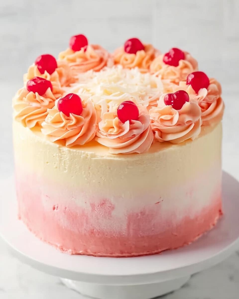 The image shows a two-layered round cake on a white plate, placed on a white marbled texture. The bottom half of the cake is a smooth pink color that fades into a creamy off-white color on the top half. Around the edge of the cake are swirls of light pink and orange frosting, each topped with a bright red cherry. The center of the cake is decorated with white shavings, adding texture to the smooth surface. The overall look is neat and colorful, with soft gradient colors blending up the sides. photo taken with an iphone --ar 4:5 --v 7