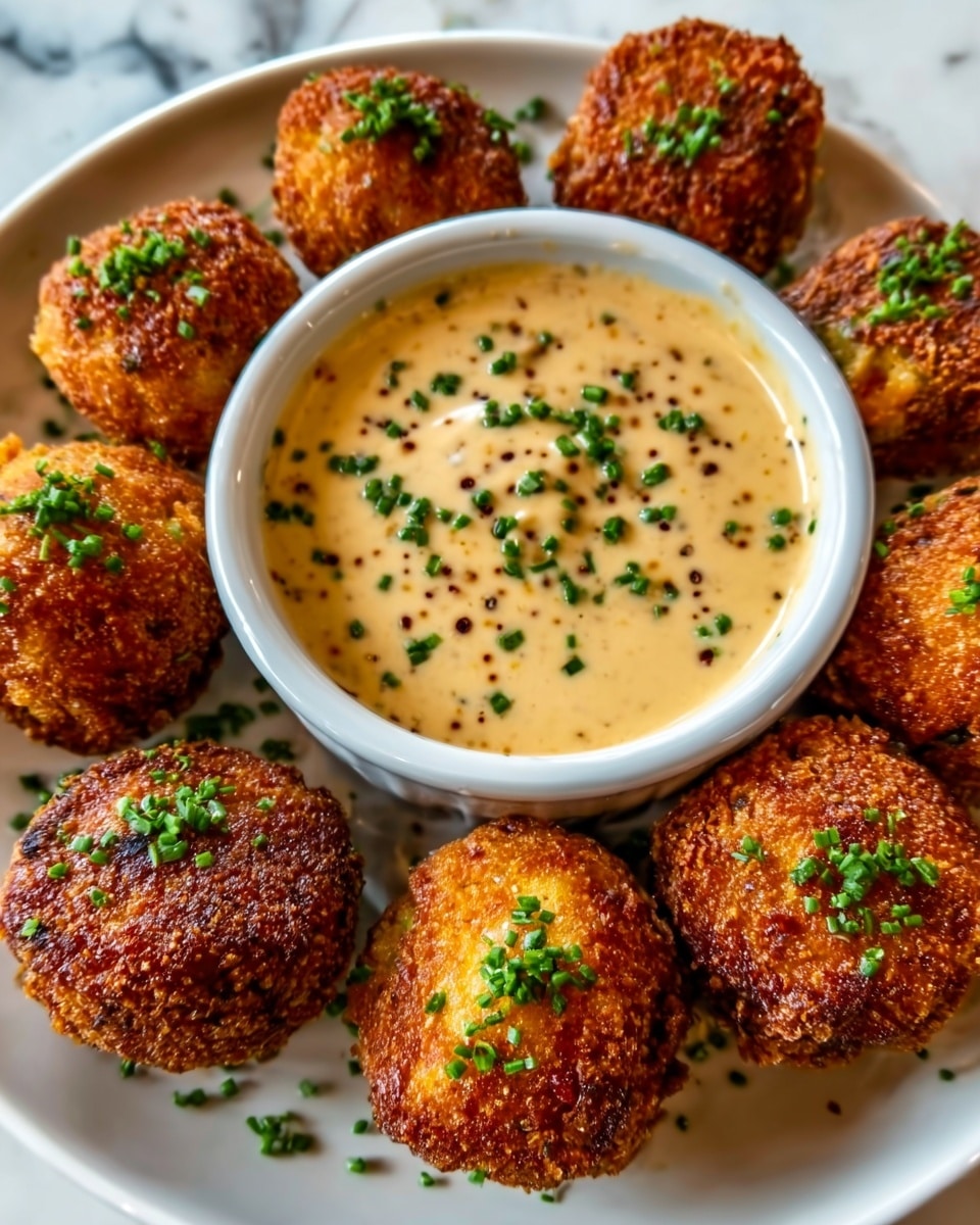 The image shows seven golden-brown round fritters with a crispy texture, arranged in a circle on a white plate with a bowl of creamy, light beige dipping sauce in the center, sprinkled with small green herb pieces. The fritters are sprinkled lightly with chopped green herbs, giving a fresh look, and the plate sits on a white marbled surface. Photo taken with an iphone --ar 4:5 --v 7