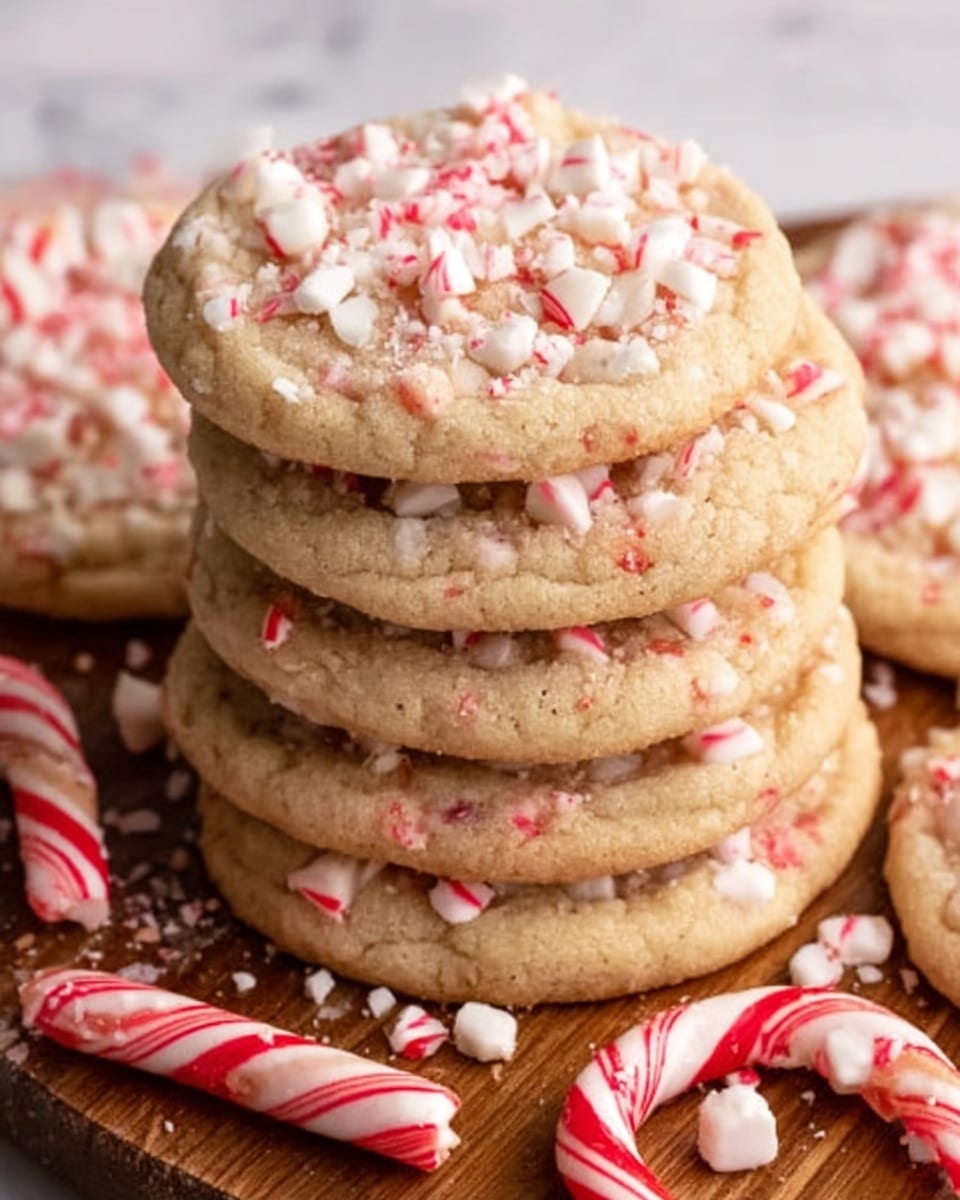 The image shows a stack of soft, round cookies with a light golden-brown color, arranged neatly on a white marbled surface. Each cookie is topped with small red and white crushed candy pieces scattered unevenly, adding a festive look. The cookies have a slightly cracked texture on the top, making them look fresh and chewy. Around the stack, whole mini candy canes lay on the white marbled surface, enhancing the holiday theme. The lighting is natural, highlighting the soft texture of the cookies. Photo taken with an iphone --ar 4:5 --v 7