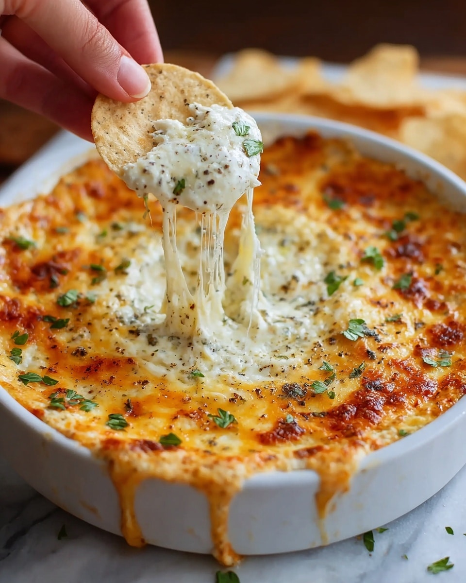 The image shows a white round dish filled with a baked cheesy dip in two layers: a top golden brown and bubbly melted cheese layer sprinkled with black pepper and fresh green herb pieces, and beneath it a creamy, white cheese layer. A woman's hand is holding a round, pale tortilla chip dipped into the cheese, pulling it up with long melted cheese strands stretching between the chip and dish. The dish sits on a white marbled surface. Photo taken with an iphone --ar 4:5 --v 7