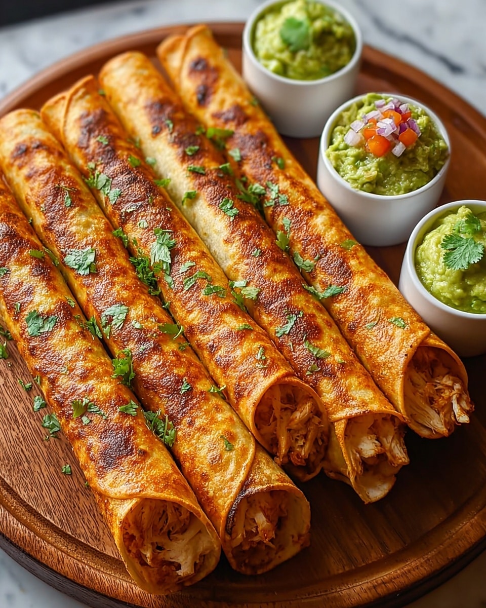 The image shows six long rolled tortillas that are golden brown with a slightly crispy texture and seasoned with small green herb pieces sprinkled on top, placed side by side on a round wooden board. Each tortilla is filled with a shredded chicken filling that is visible at the open ends. Two small white bowls are positioned in front of the tortillas on the board, filled with green guacamole garnished with bits of red, purple, and white vegetables and tiny herbs. The scene is set on a white marbled surface. Photo taken with an iphone --ar 4:5 --v 7