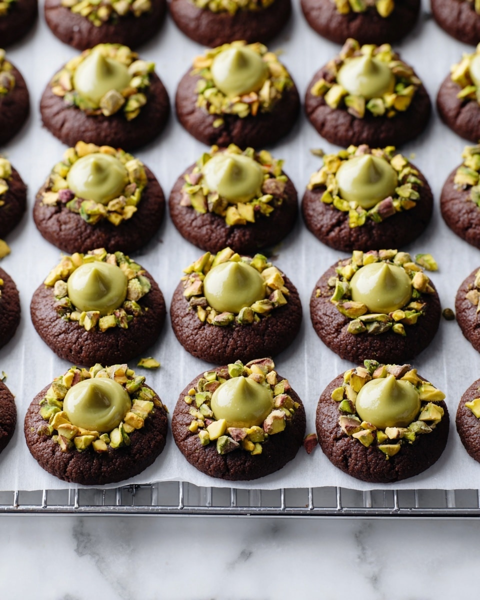 The image shows two rows of dark brown thumbprint cookies neatly arranged on a white parchment paper over a silver cooling rack, placed on a white marbled surface. Each cookie has a smooth, round shape with a small, shiny light green-green dollop of filling in the center. Some cookies have their edges dipped in a mix of crushed green pistachio nuts, adding texture and color contrast, while others keep a clean edge, showcasing the dark cookie base. The cookies have a soft, slightly risen look with a matte finish, and the pistachio pieces provide a rough, crunchy texture around the creamy filling. The scene is bright with natural lighting. photo taken with an iphone --ar 4:5 --v 7