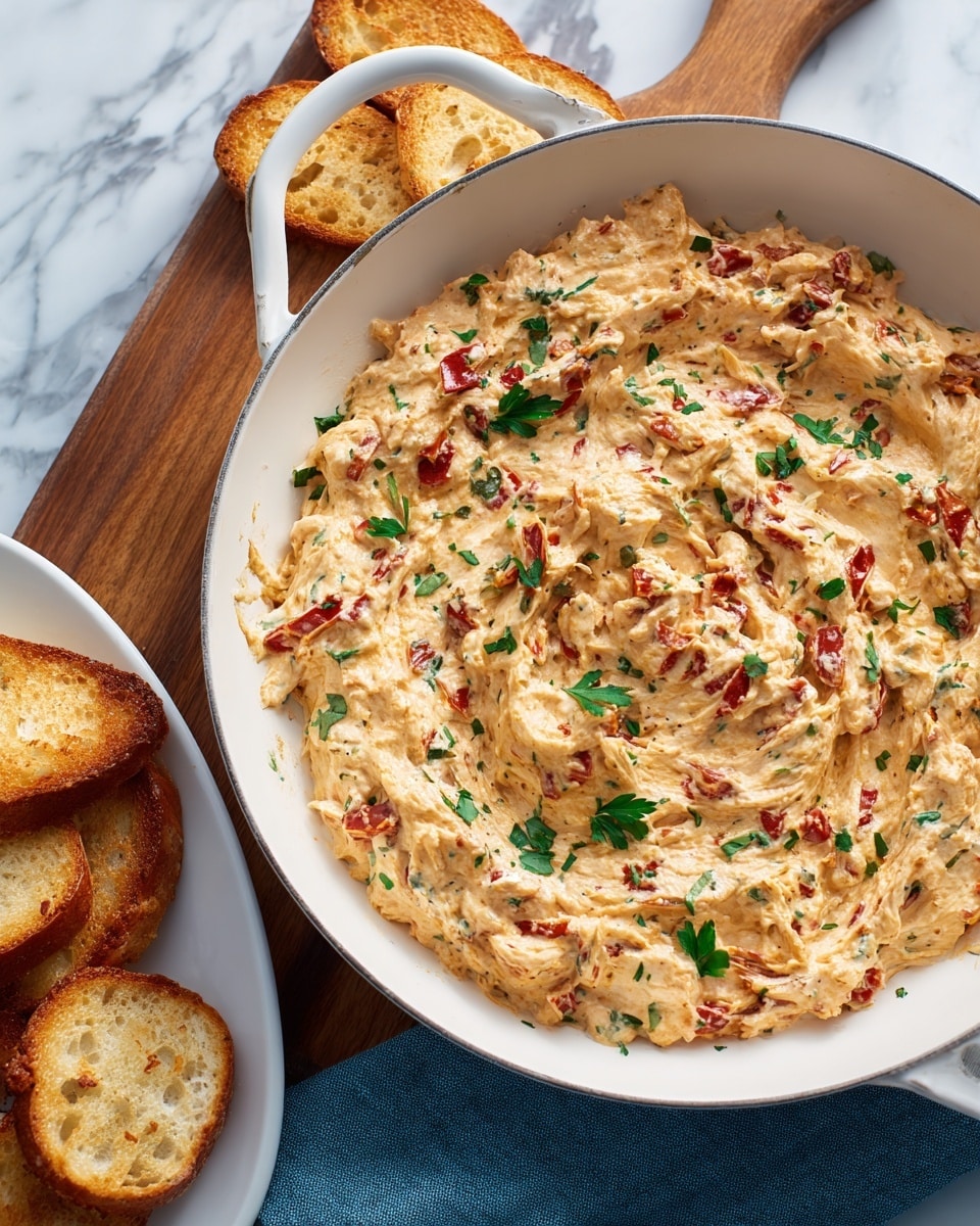 The image shows a white skillet filled with a creamy dip that has a thick texture, mixed with visible pieces of red bell peppers, finely chopped herbs, and small bits of what looks like sun-dried tomatoes or onions. The surface of the dip is uneven and swirled, topped with scattered green parsley or cilantro leaves for garnish. Next to the skillet, there is a white plate with several slices of toasted bread that are golden brown and crispy on the edges. The skillet and plate are set on a wooden board, with a blue cloth partially visible underneath. The background is a white marbled texture. Photo taken with an iphone --ar 4:5 --v 7