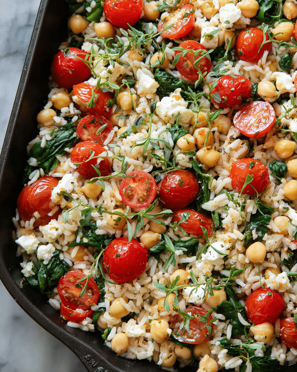 The image shows a close-up of a dish in a white bowl filled with multiple layers starting with cooked rice as the base layer, mixed with spinach leaves that add green color and texture. Scattered on top are bright red halved cherry tomatoes and light beige chickpeas, giving the dish more color and round shapes. Crumbled white feta cheese pieces are spread throughout, and fresh green herbs rest on top, adding a fresh look. The overall texture is mixed with soft rice, tender vegetables, and creamy cheese, with a white marbled background. photo taken with an iphone --ar 4:5 --v 7