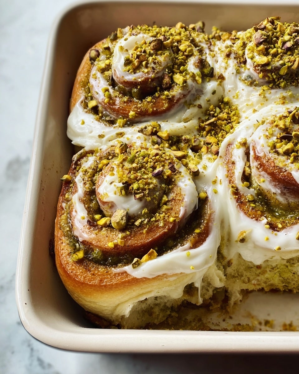 A close-up of four thick cinnamon rolls in a white baking dish, each roll showing clear layers of soft, fluffy dough with a golden brown base. The rolls are covered in a thick, creamy white icing that slightly drips down the sides, and a generous sprinkle of crushed pistachios adds a green and brown crunchy texture on top. One roll has a piece missing, revealing the soft and airy inside dough layered with a green pistachio spread. The background features a white marbled surface. photo taken with an iphone --ar 4:5 --v 7