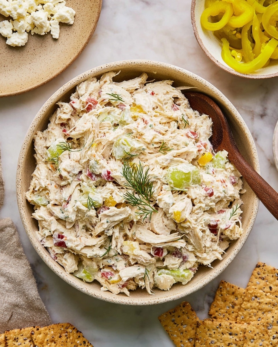 A large beige bowl filled with a creamy chicken salad that has three visible layers: shredded white chicken mixed with light green celery slices and small bits of red bell pepper, all coated in a thick white mayonnaise-based dressing with scattered sprigs of green dill on top. Next to the bowl, there is a white bowl containing yellow pepper rings and a white plate with crumbled white cheese. A wooden spoon rests on the side of the large bowl, partially submerged in the salad. The bowls and plate are set on a white marbled surface. photo taken with an iphone --ar 4:5 --v 7