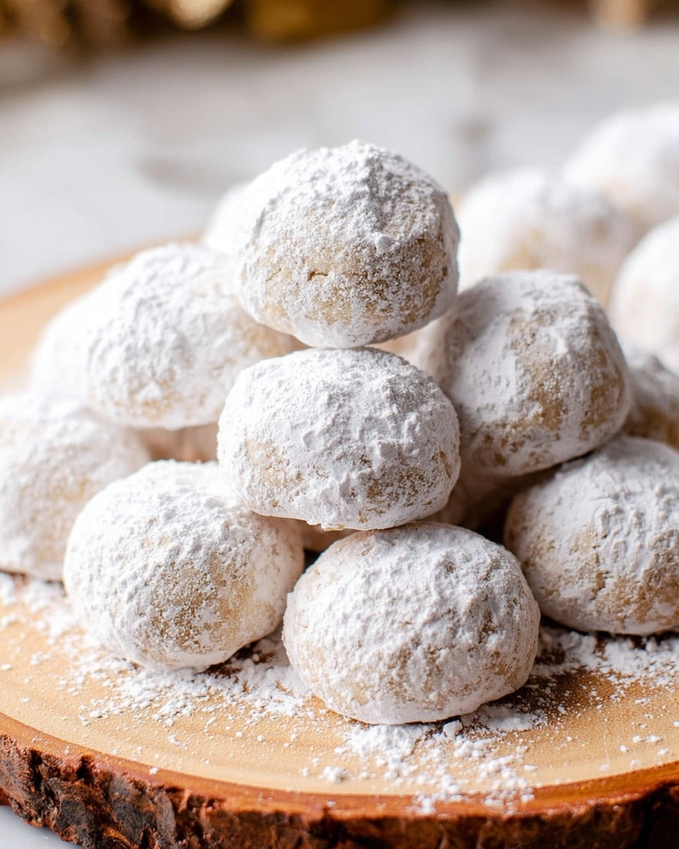 A close-up image of many small round cookies covered in powdered sugar, giving them a soft white coating. The cookies are placed closely together on a round piece of natural wood with visible bark edges, showing a light brown color and smooth texture. The powdered sugar is also lightly scattered around the cookies on the wood surface. The background is a white marbled texture. Photo taken with an iphone --ar 4:5 --v 7