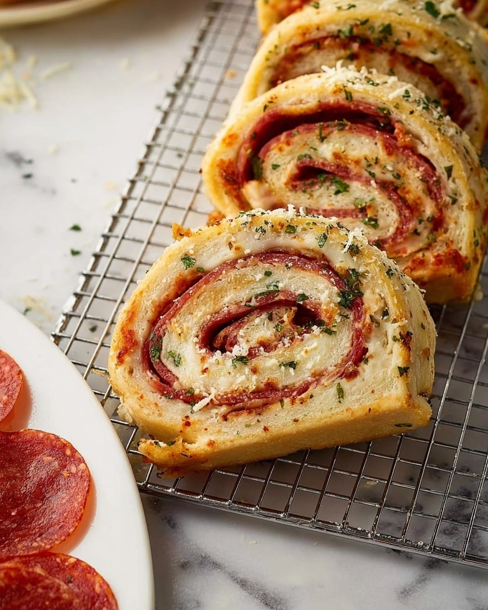 The image shows four slices of a rolled savory bread on a metal cooling rack placed on a white marbled surface. Each slice has about five layers visible, with a golden-brown crust on the outside that looks soft and slightly sprinkled with green herbs. Inside the bread, there are thin layers of reddish-brown pepperoni, pale pink ham, and white melted cheese that appears stringy and soft, all tightly rolled in the dough. The slices are thick, with the outer dough layer smooth and slightly textured from baking. In the bottom left corner, part of a white plate with extra pepperoni slices is visible. Photo taken with an iphone --ar 4:5 --v 7
