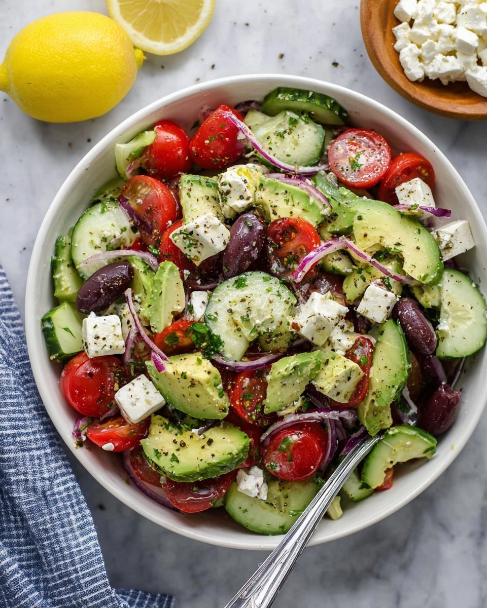 A white bowl filled with a colorful Greek salad that has three main layers: the bottom layer is bright green cucumber slices and avocado chunks; the middle layer has halved red cherry tomatoes and dark purple olive slices; the top layer is white cubes and crumbles of feta cheese with thin strips of red onion scattered around, all sprinkled with chopped green herbs and black pepper. A silver fork rests inside the bowl on the right side. Nearby, on the white marbled surface, there is a wooden bowl filled with crumbled feta cheese and a halved lemon with a bright yellow color. Photo taken with an iphone --ar 4:5 --v 7