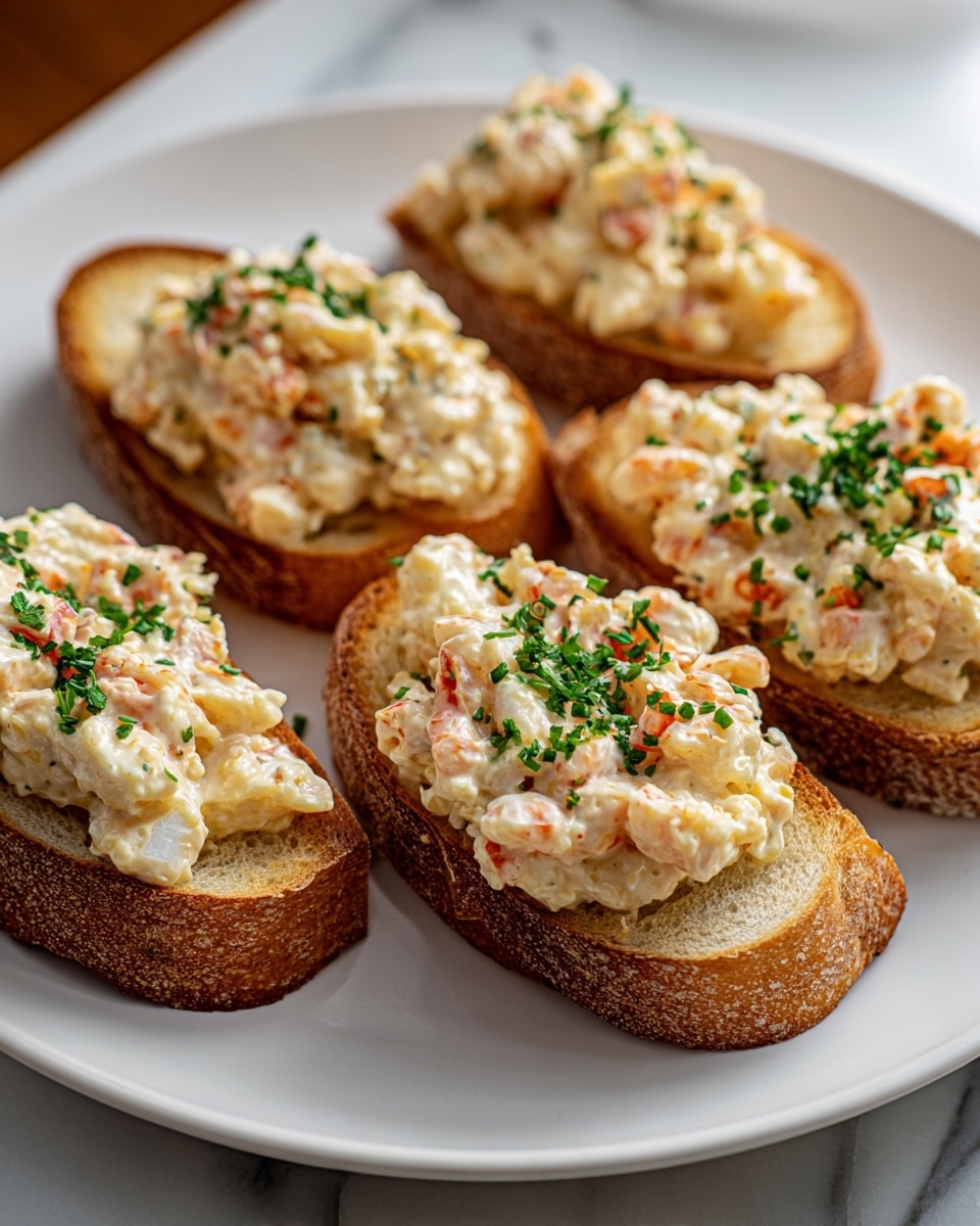 Four slices of toasted golden brown bread are arranged on a white plate with a white marbled texture underneath. Each toast slice is topped with a creamy white salad mixed with small pieces of orange lobster, and some finely chopped green herbs sprinkled on top. The salad appears chunky and moist, sitting thickly on each slice. Photo taken with an iphone --ar 4:5 --v 7