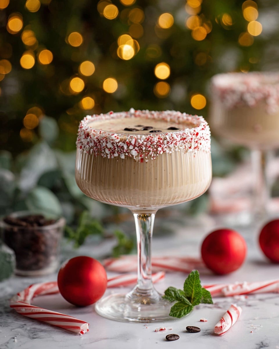 The image shows a winter holiday cocktail in a tall, clear glass with a wide bowl. The drink has three visible layers: the bottom layer is creamy light beige, the middle is a smooth off-white, and the top is light frothy cream. The glass rim is coated with crushed red and white peppermint candies mixed with chocolate pieces, adding a crunchy texture. Around the glass on a white marbled surface are small red Christmas tree ornaments, whole coffee beans, and broken candy canes. In the background, there is a blurred green festive decoration with small warm yellow lights that create a cozy atmosphere. Photo taken with an iphone --ar 4:5 --v 7