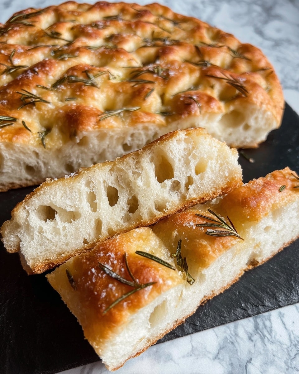 A round focaccia bread with a golden brown top sits on a white marbled surface, sprinkled with coarse salt crystals and fresh green rosemary leaves. The crust is slightly crisp with a textured, dimpled pattern, while the inside is soft and airy, showing an open crumb with small holes. One thick slice is cut from the bread, lying flat in front, revealing its pale, fluffy interior with bits of rosemary embedded. The overall look is rustic and fresh. Photo taken with an iphone --ar 4:5 --v 7