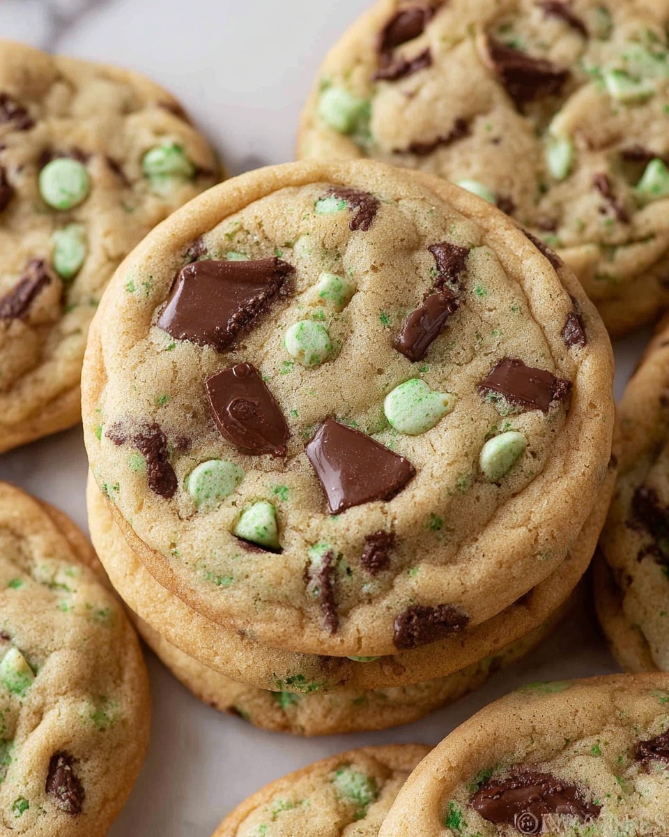 A close-up view of soft, round cookies with a light golden-brown base, each studded with two kinds of chocolate chips on top: creamy light green chips with small dark specks and smooth dark brown chocolate chunks, all unevenly spread across the surface giving a slightly bumpy texture. The cookies are stacked closely together on a white marbled surface. photo taken with an iphone --ar 4:5 --v 7