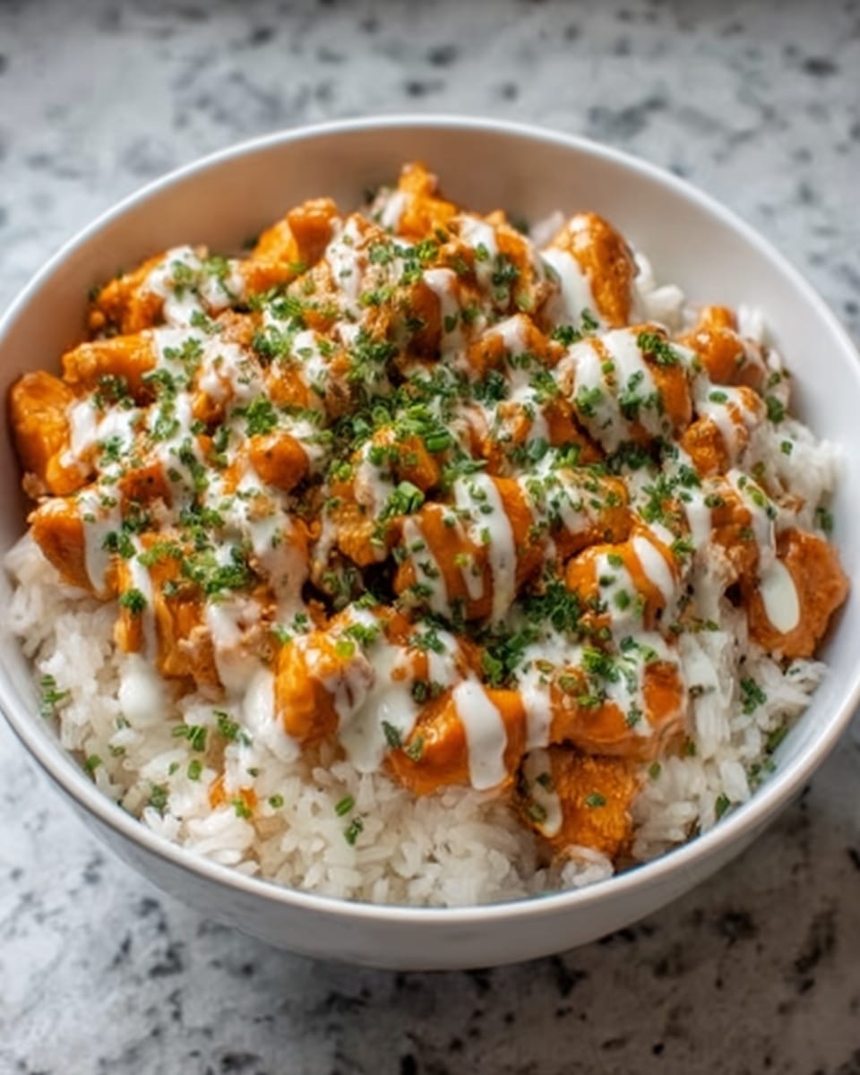 A white bowl filled with a layered dish starting with a base of white rice, topped with orange-colored pieces of chicken coated in a glossy sauce. The chicken pieces are scattered evenly and garnished with finely chopped green herbs adding a fresh touch. Drizzled over the top are two sauces, one creamy white and the other bright orange, both applied in thin lines across the chicken, enhancing the dish's vibrant look. The bowl sits on a white marbled surface. Photo taken with an iphone --ar 4:5 --v 7