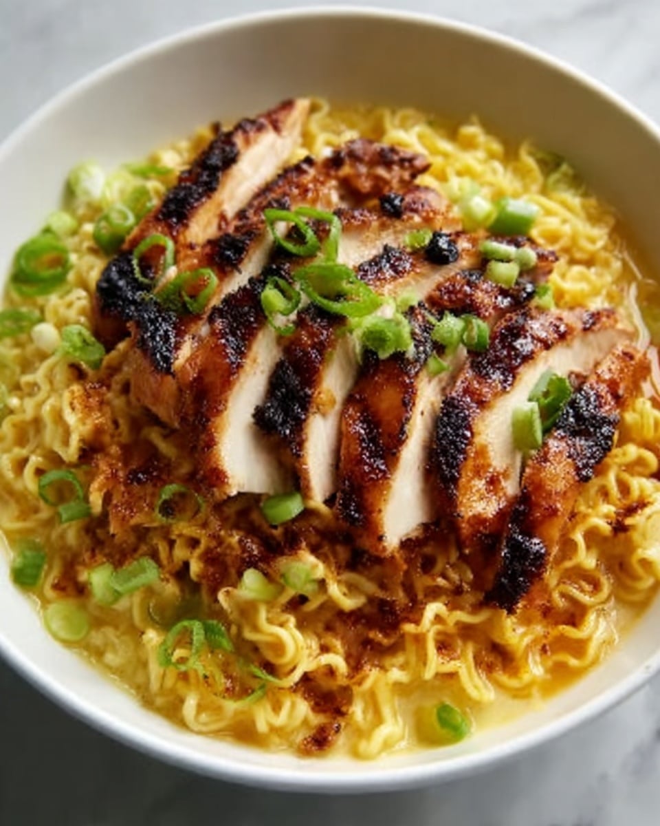 A white bowl filled with cooked curly yellow noodles in broth. On top, there are thick slices of grilled chicken with char marks and a glaze. The chicken is garnished with chopped green onions and small red chili flakes scattered around. The broth has a light creamy color with a few oil spots. The bowl sits on a white marbled surface. Photo taken with an iphone --ar 4:5 --v 7