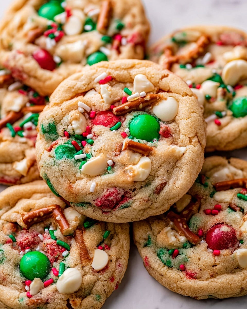 A close-up image of multiple round cookies piled together on a white marbled surface, each cookie having a light golden-brown base with a slightly cracked texture. The cookies are embedded with colorful details including green and red candy-coated chocolates, white chocolate chips, broken pretzel pieces, and red and green sprinkles scattered across the surface. The layers are mostly uniform with the base dough layer showing soft, slightly risen edges and a firm center, topped with vibrant candy pieces that add texture and festive colors. Photo taken with an iphone --ar 4:5 --v 7