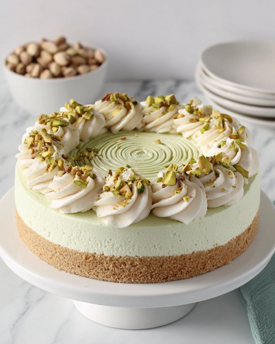 A round cake with three visible layers sits on a white cake stand. The bottom layer is a thick, crumbly beige crust. Above it is a thick pale green creamy layer with a smooth swirl in the center. On top of this is a ring of white whipped cream piped in soft, thick swirls around the edge. Inside the ring is a sprinkle of crushed green and brown nuts. The background features white marbled texture with a bowl of pistachios and a white stack of plates nearby. Photo taken with an iphone --ar 4:5 --v 7