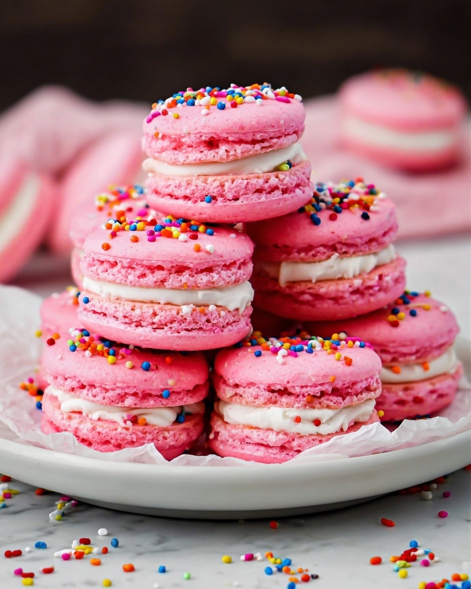 A pile of pink macarons sits stacked on a white plate with crumpled white parchment paper beneath them. Each macaron has two smooth, slightly textured pink shells with a thin layer of white cream filling visible between them. The tops of the macarons are decorated with small, colorful round sprinkles in red, blue, yellow, green, orange, purple, and white. Some sprinkles have fallen around the plate onto a light wooden surface with a white marbled texture in the background. photo taken with an iphone --ar 4:5 --v 7