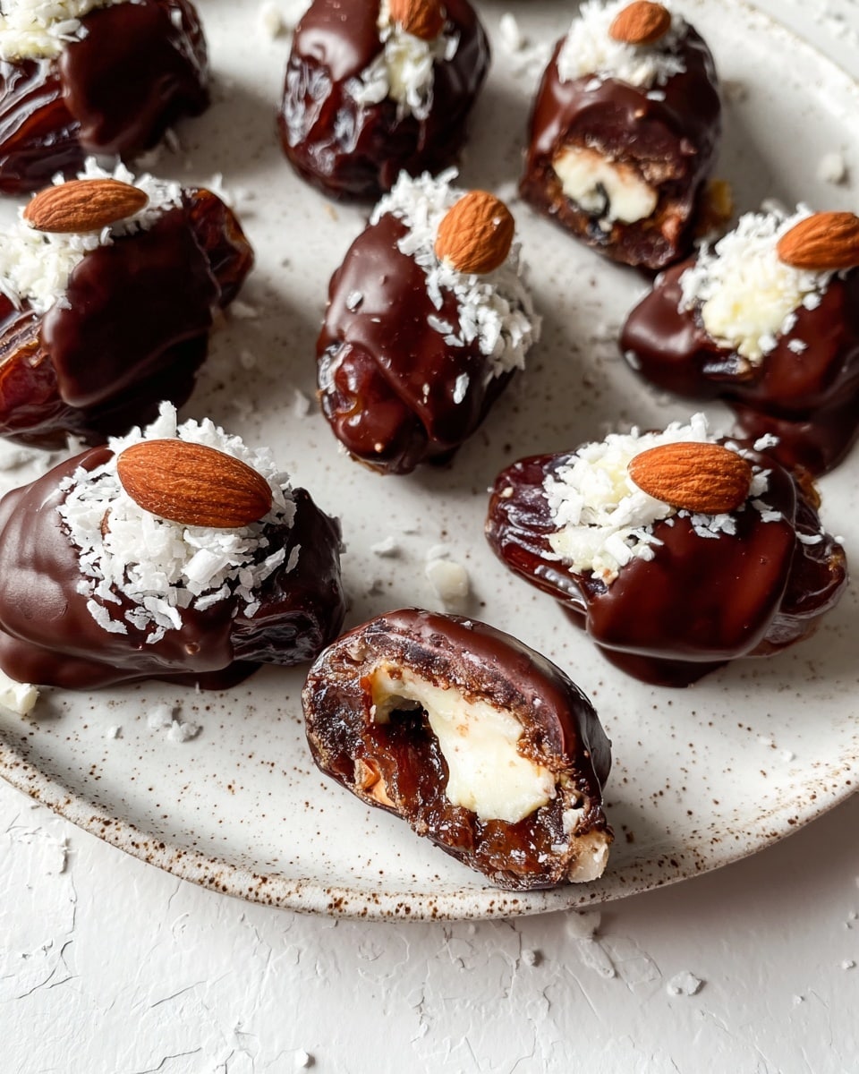 The image shows a close-up of several stuffed dates on a light beige speckled plate with a white marbled surface beneath. Each date has three clear layers: the base is a dark brown shiny date with a wrinkled texture, filled with a bright white creamy layer of cheese or similar filling, topped with a whole light brown almond. The dates are partially covered with a thick, glossy dark chocolate layer that drips slightly over the edges. Some of the chocolate coating is sprinkled with fine white coconut flakes. One date is broken in half, showing all the layers inside with the chocolate covering most of the date except the filling and almond center. The overall look is rich, glossy, and textured. photo taken with an iphone --ar 4:5 --v 7