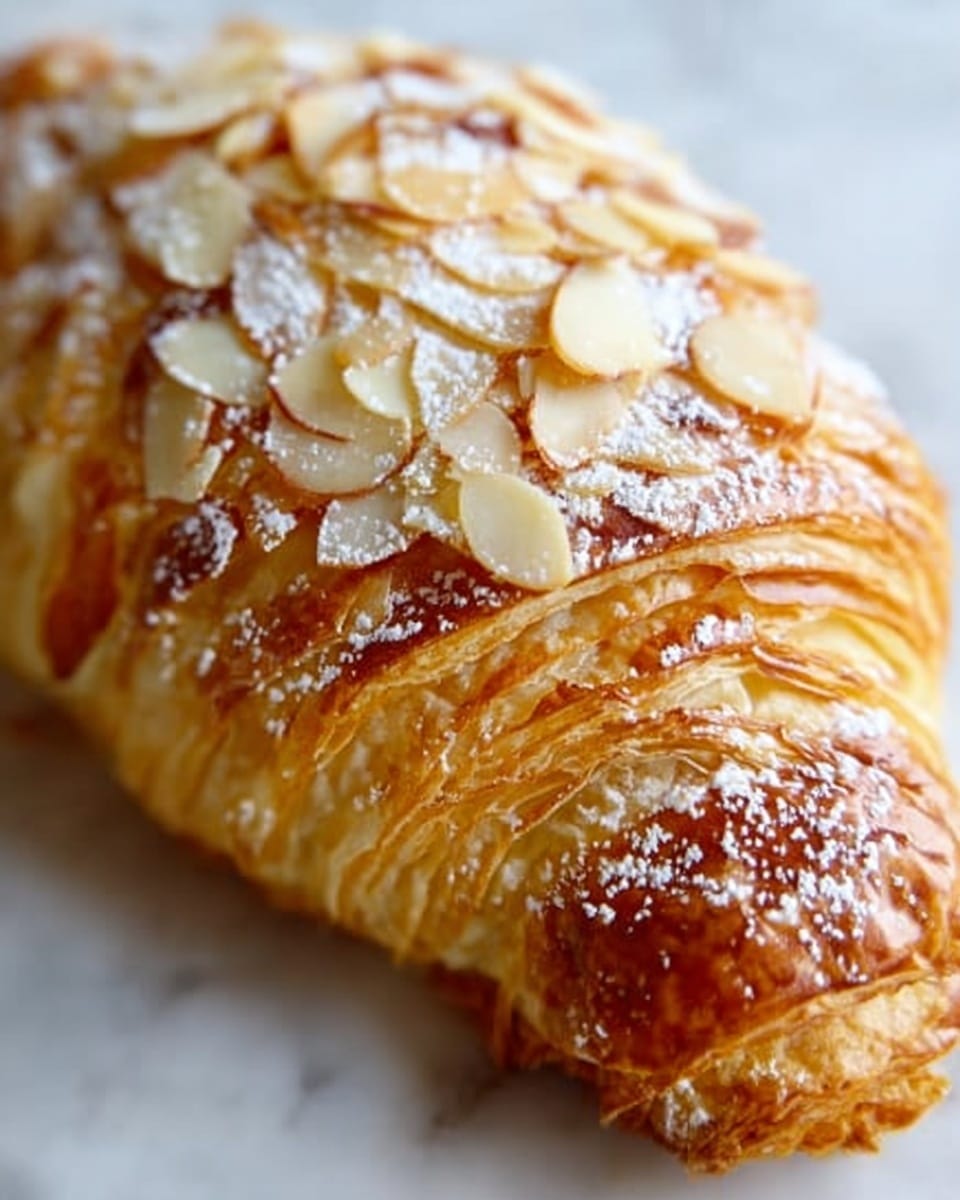 A close-up view of a golden-brown croissant topped with thin, light beige almond slices and a light dusting of white powdered sugar. The croissant’s flaky layers are visible, showing a mix of shiny, crispy outer crust and soft, airy inner parts. It sits on a white surface with a white marbled texture in the background, highlighting its rich, textured details. Photo taken with an iphone --ar 4:5 --v 7