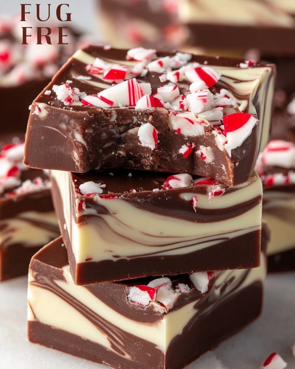 The image shows several square pieces of peppermint fudge arranged on a white marbled surface. Each piece has two main layers with a marbled pattern inside: a creamy white layer swirled with rich brown chocolate. The top layer is smooth dark brown chocolate, scattered generously with large chunks of white peppermint candy that have red stripes. One piece in the center has a bite taken out of it, showing the thick, creamy texture inside. Pieces of broken peppermint candy are also spread around the fudge squares. photo taken with an iphone --ar 4:5 --v 7