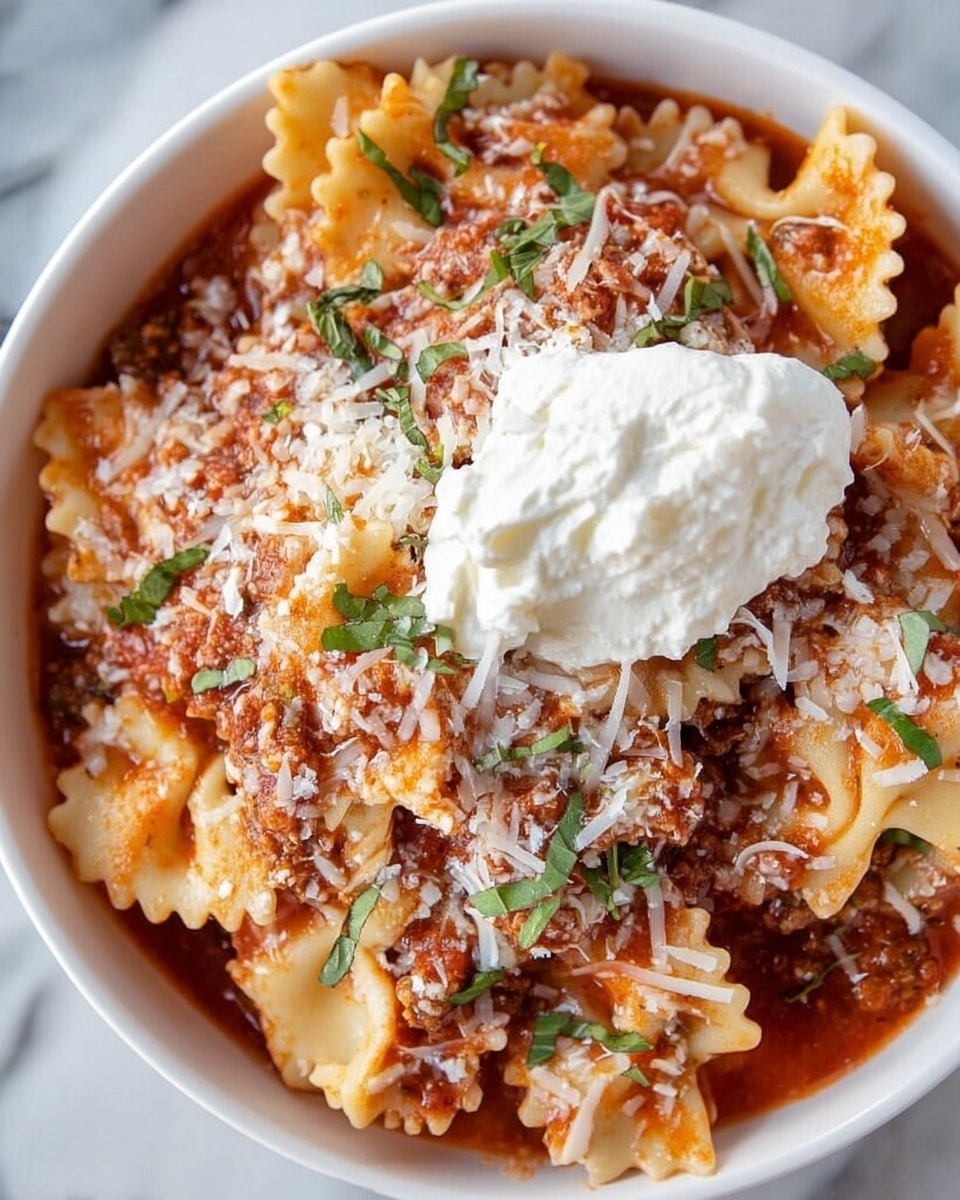The image shows a close-up view of a white bowl filled with a layered pasta dish. The bottom layer consists of curly radish-shaped pasta covered with a thick red tomato sauce mixed with bits of cooked ground meat. On top of this, there is a sprinkling of finely shredded white cheese, scattered small green basil leaves, and a large dollop of white creamy ricotta or sour cream on the edge. The bowl rests on a white marbled surface, and light reflects softly on the sauce, emphasizing the moist texture and vibrant colors. Photo taken with an iphone --ar 4:5 --v 7