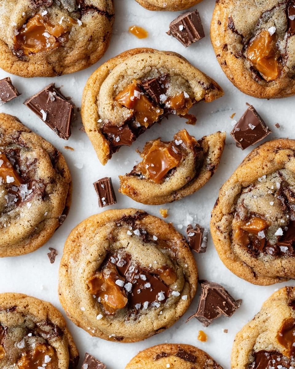 The image shows seven round cookies on a white marbled surface, each cookie with a golden brown base and topped with uneven pieces of dark chocolate and caramel-colored toffee bits. Some cookies are whole while one in the center is broken into three pieces, revealing a soft, chewy inside textured with melted chocolate swirls and toffee chunks. Sprinkled white sea salt flakes are visible on the cookies and scattered on the surface around them, adding a speckled contrast to the warm tones. Photo taken with an iphone --ar 4:5 --v 7