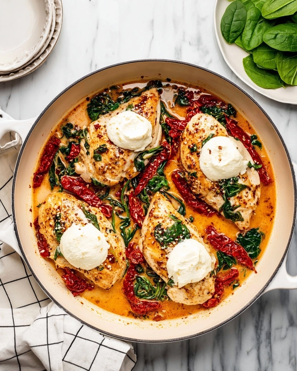 Four pieces of cooked chicken breast with a light brown grilled texture sit in a white pan with two handles. Each piece has a white dollop of soft cheese on top. Around the chicken are dark green spinach leaves and bright red sun-dried tomatoes in a reddish oily sauce. The pan is on a white marbled surface with a white cloth with thin black grid lines on the left and a small white plate with fresh green spinach leaves on the right. Photo taken with an iphone --ar 4:5 --v 7