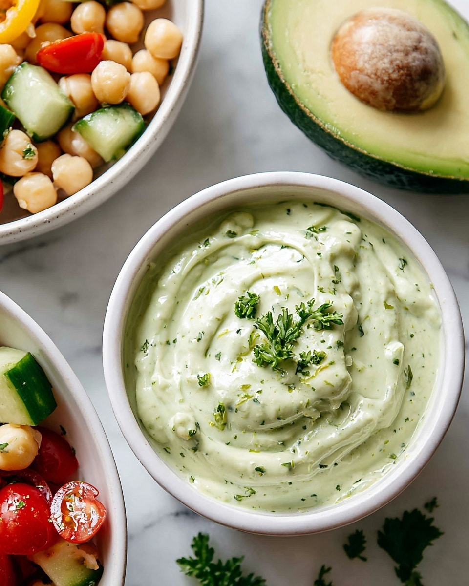 A small white bowl filled with a creamy, light green sauce with a smooth texture and small green herb flecks mixed in, topped with a few parsley leaves. Next to the bowl, there is half of an avocado showing its bright yellow-green flesh. In the background, a white bowl holds a fresh salad made of red cherry tomatoes, light beige chickpeas, and green cucumber chunks, all on a white marbled surface. A few salad pieces are scattered outside the bowl. Photo taken with an iphone --ar 4:5 --v 7