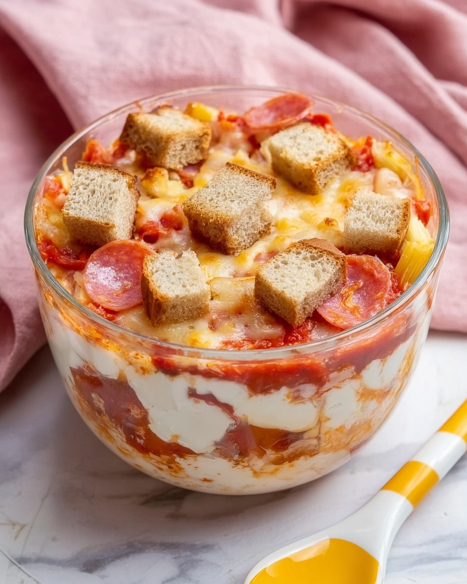 The image shows a clear glass bowl filled with a layered dish placed on a white marbled surface. The bottom layer is white and creamy, topped by a sauce layer of red tomato base with chunks of yellow pineapple and slices of pepperoni. Melted cheese is spread across the surface, creating a gooey golden texture. Several small pieces of brown toasted bread cubes are scattered on top, near the center. A pink textured cloth is seen in the background with a woman's hand holding the bowl on the right edge. photo taken with an iphone --ar 4:5 --v 7