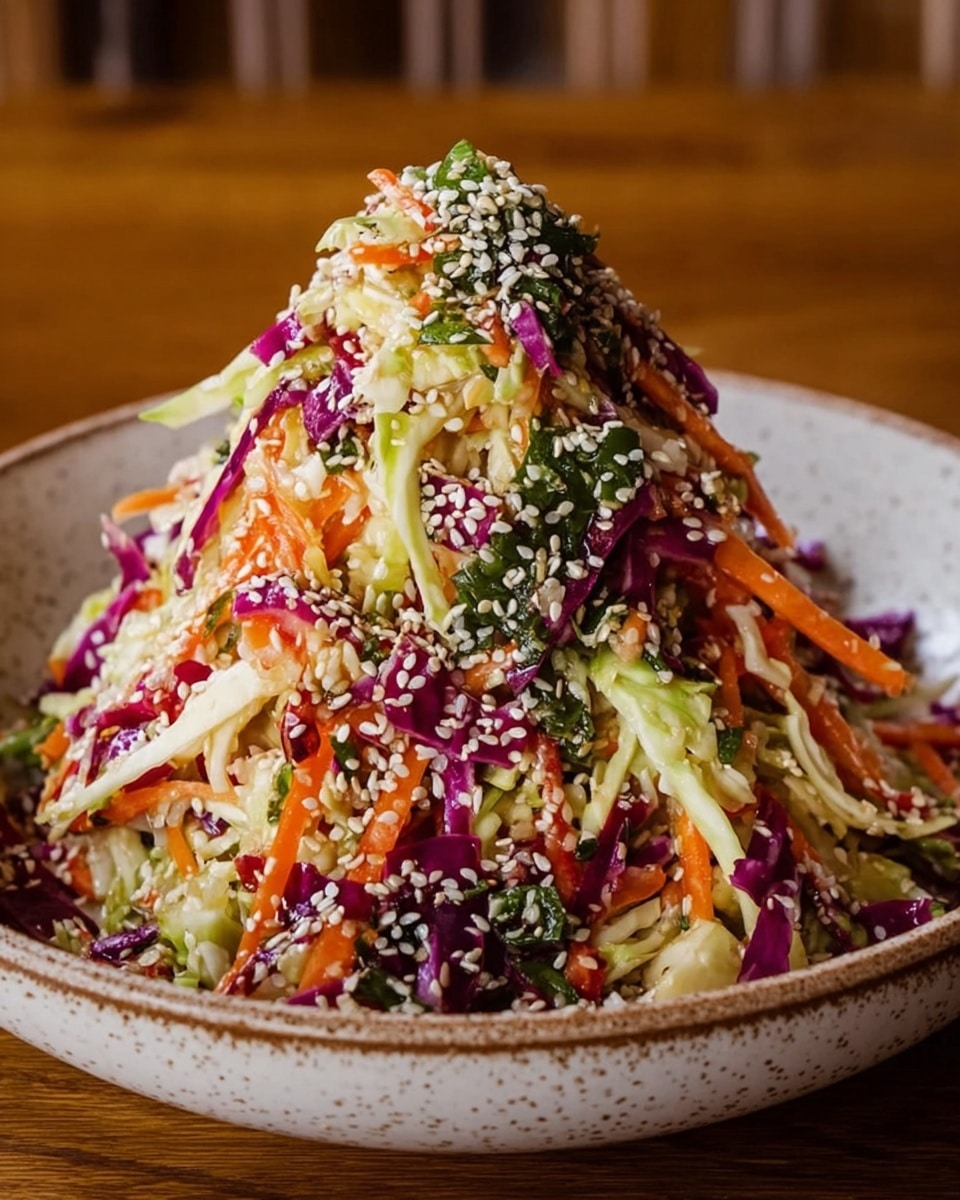 The image shows a large bowl filled with a colorful mixed salad made of thin strips of green cabbage, orange carrots, and purple cabbage layered together. The vegetables are topped with small white sesame seeds scattered evenly all over the salad, and there is a light green herb dressing drizzled across the top. The bowl itself is white with a brown speckled rim, placed on a white marbled surface. The salad is piled high to form a mound with a fresh and crisp look, showcasing the contrast of colors and textures. Photo taken with an iphone --ar 4:5 --v 7