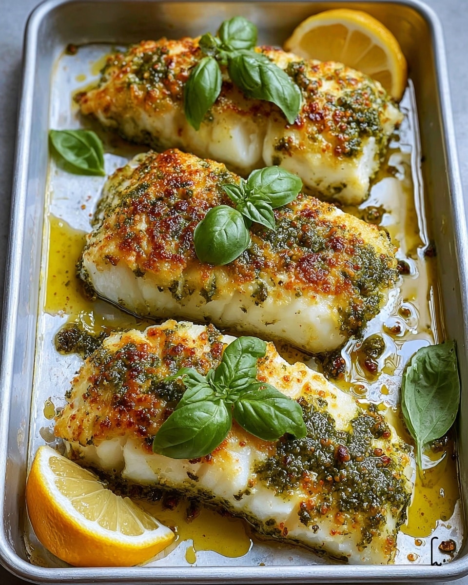 The dish shows three thick white fish fillets with a golden-brown, slightly crispy crust on top, dotted with green herb seasoning, resting in a shallow pool of light brown sauce inside a metal tray lined with parchment paper. Each fillet is garnished with a fresh green basil leaf on top. Around the edges of the tray are several lemon wedges, their bright yellow peel contrasting with the white flesh inside. The setup is placed on a white marbled surface. photo taken with an iphone --ar 4:5 --v 7
