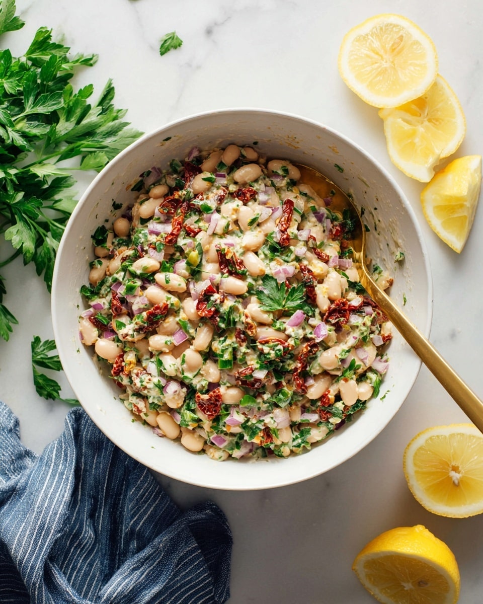 A white bowl filled with a creamy, mixed bean salad, showing white beans scattered throughout with chopped green herbs and small pieces of purple onion layered on top. There are bits of red sun-dried tomatoes adding color and texture, and a creamy dressing lightly coating everything. A gold spoon is partly dipped into the salad on the right side of the bowl. Around the bowl, there are lemon wedges, a bunch of fresh parsley on the upper left, and a mustard jar with some spilled on the white marbled surface. A dark blue striped cloth is draped near the bottom right. Photo taken with an iphone --ar 4:5 --v 7