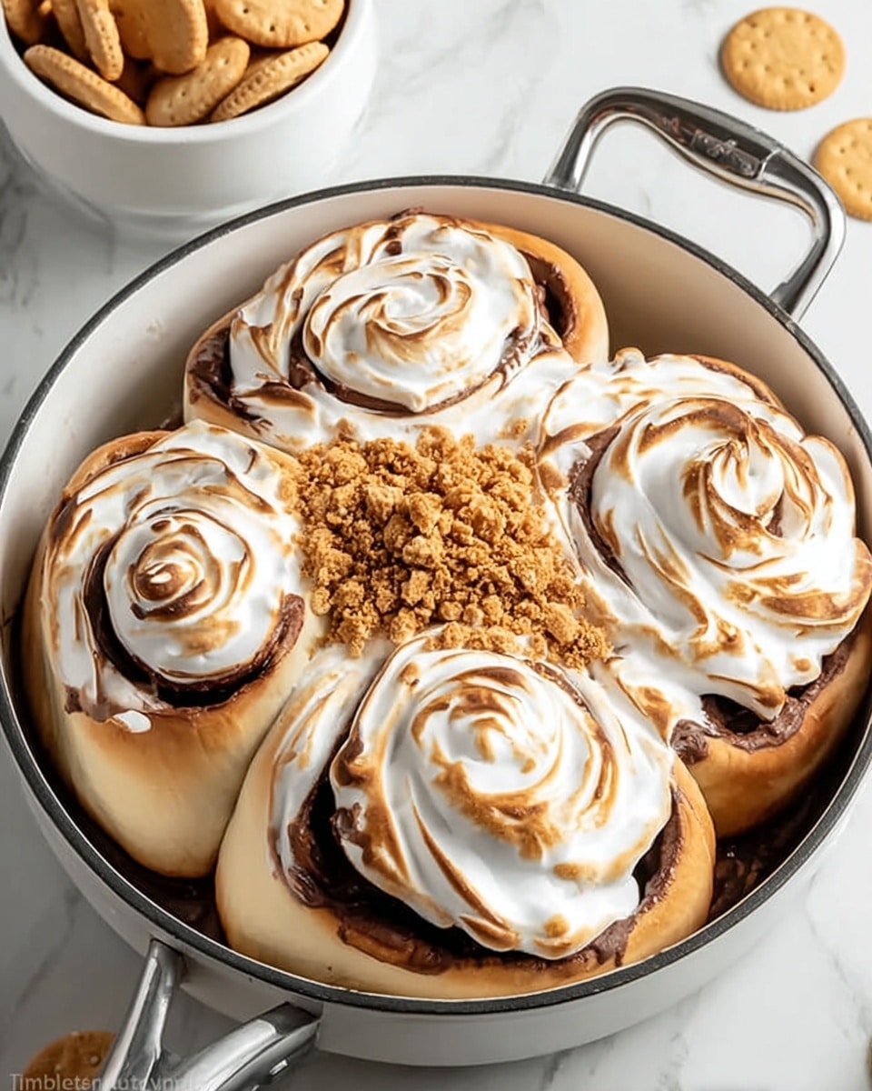 A round pan holds four cinnamon roll-like buns arranged closely together. Each bun has a base layer of soft, lightly browned dough. Swirled on top is a thick, glossy layer of dark chocolate spread, which forms a spiral shape. Above the chocolate, there is a large swirl of white toasted meringue topping, golden brown on the edges, adding a fluffy texture. Some crushed crumbs are sprinkled in the center where the buns meet. The pan sits on a white marbled surface. Photo taken with an iphone --ar 4:5 --v 7