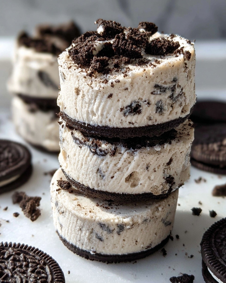 A tall stack of three cookies and cream frozen desserts on a white marbled surface, each dessert made of a creamy light grey layer dotted with tiny cookie bits, followed by a dark chocolate sandwich cookie layer in the middle. The top layer is thick and fluffy with cream and cookie crumbs sprinkled generously over it, giving a crumbly texture on the surface. Around the sides, the creamy layers show ridges from cupcake liners, and small cookie crumbs are scattered around the base on the white marbled surface. Photo taken with an iphone --ar 4:5 --v 7