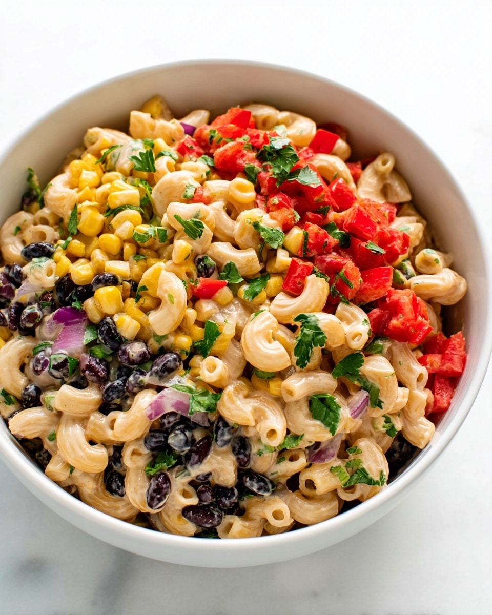 A close-up view of a white bowl filled with a colorful pasta salad, showing about three layers: the bottom layer has small elbow macaroni with a light beige color and creamy texture, mixed evenly with black beans which are shiny and smooth. The middle layer features small pieces of yellow corn, and bits of red and purple onion adding a slight crunch and bright color contrast. The top layer has fresh green cilantro leaves and scattered red tomato pieces, all coated in a creamy dressing that binds them together. The bowl sits on a white marbled surface, enhancing the vivid colors of the salad. photo taken with an iphone --ar 4:5 --v 7