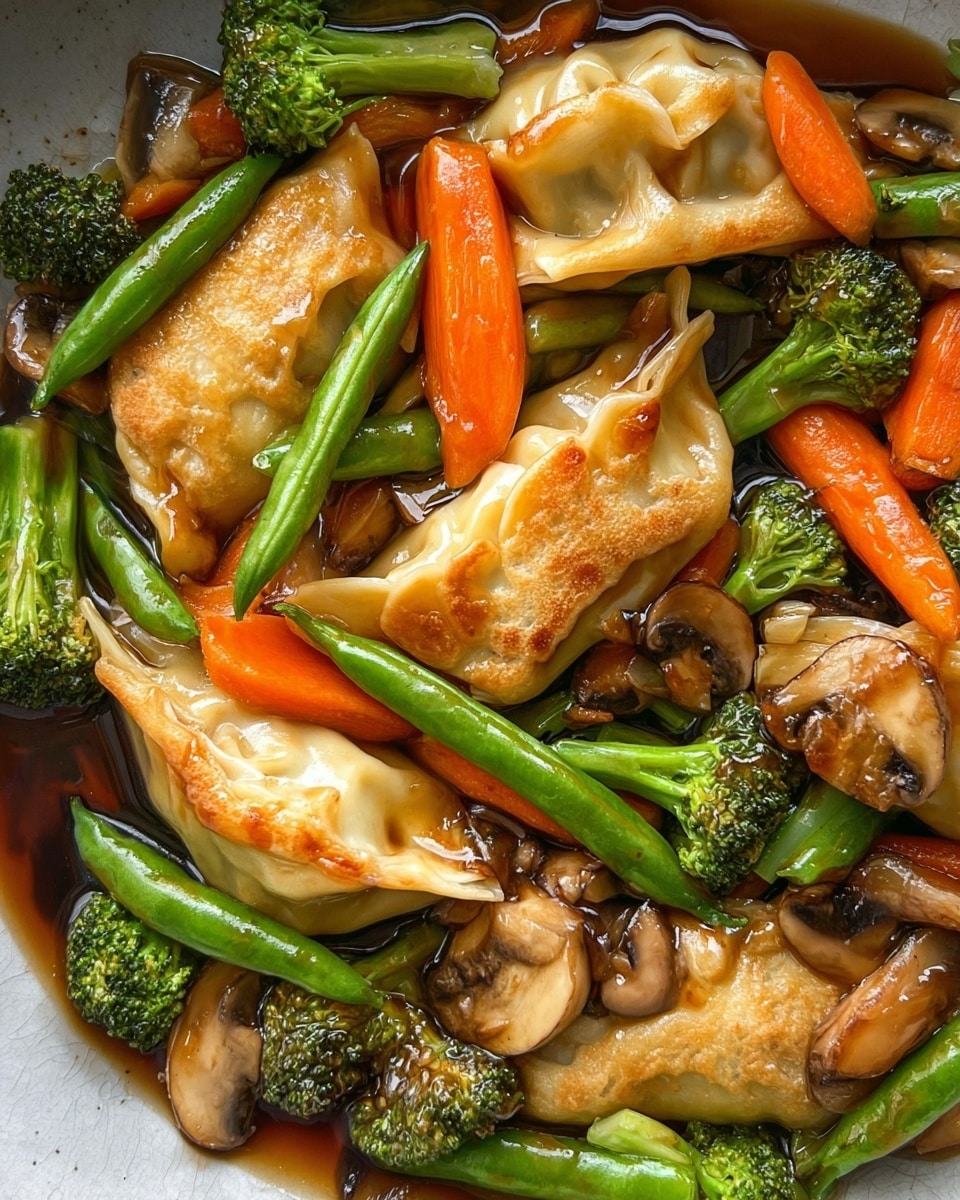 The image shows a close-up view of a dish with golden-brown dumplings that have a shiny, lightly crispy texture. These dumplings are mixed with bright green broccoli florets, smooth green beans, orange carrot slices, and soft, light brown mushroom pieces. The whole dish is coated in a dark, glossy sauce that adds a rich finish to the fresh vegetables and dumplings. The background features a white marbled texture. photo taken with an iphone --ar 4:5 --v 7